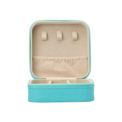 This compact, well-organized box features ring holders, necklace hooks, and removable dividers